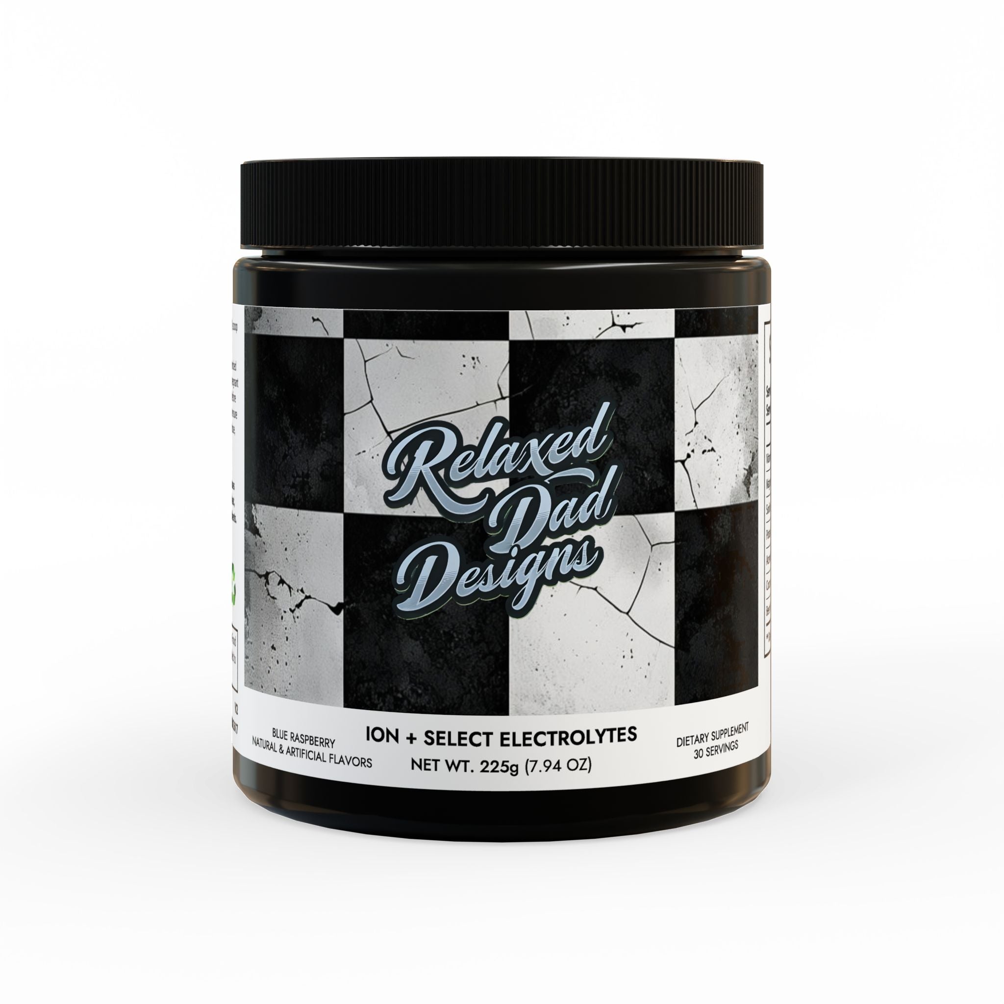 ION + Select Electrolyte Supplement by Relaxed Dad Designs in a 225g jar, featuring bold black and white label.