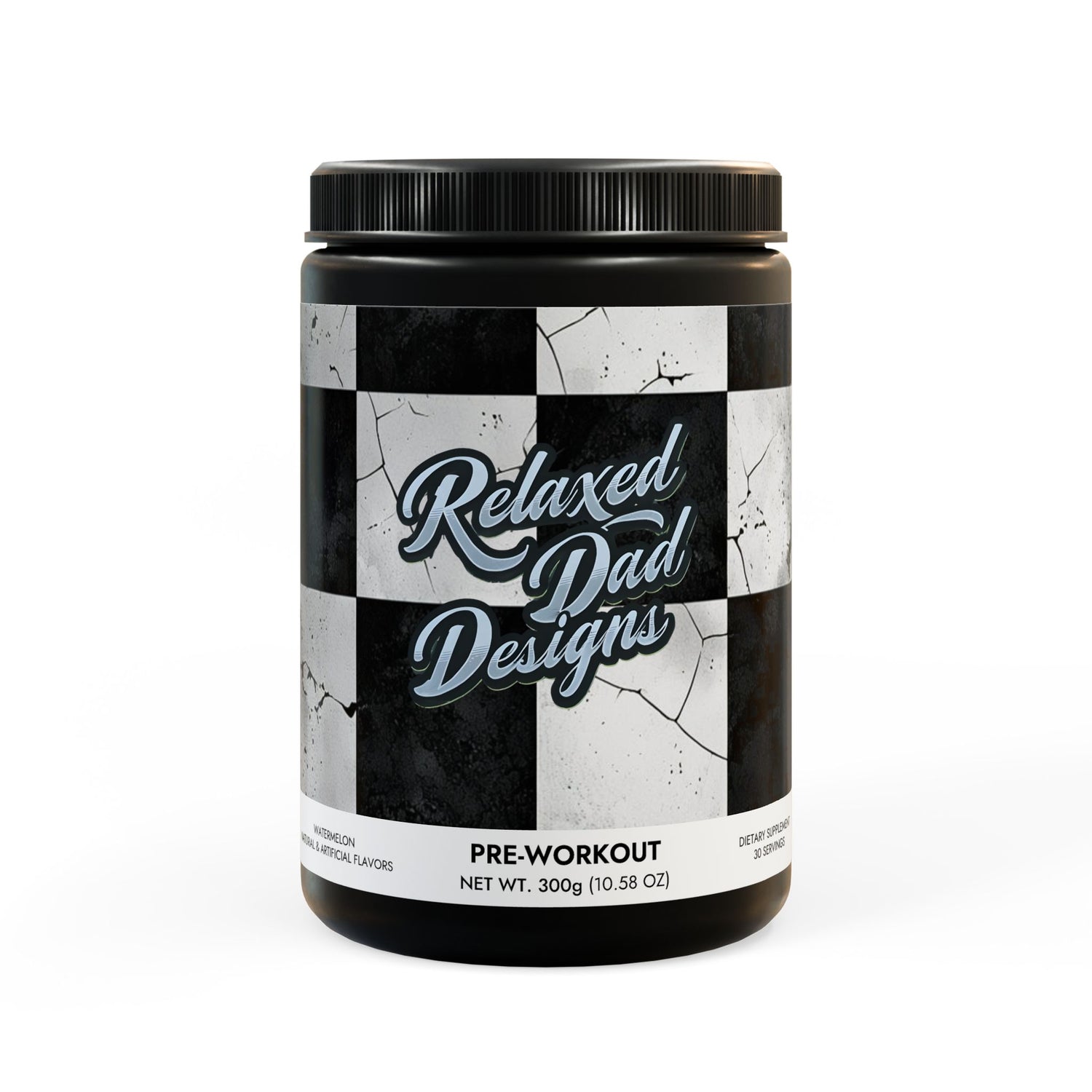 Pre-Workout Supplement by Relaxed Dad Designs, 300g container with a stylish black and white label.